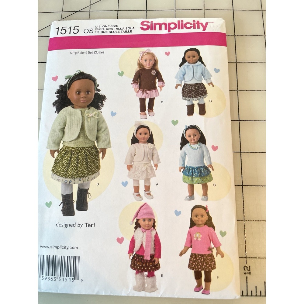 Simplicity 1515 18" Doll Clothes Pattern CUT Tops Leggings Skirt Headband Tunic